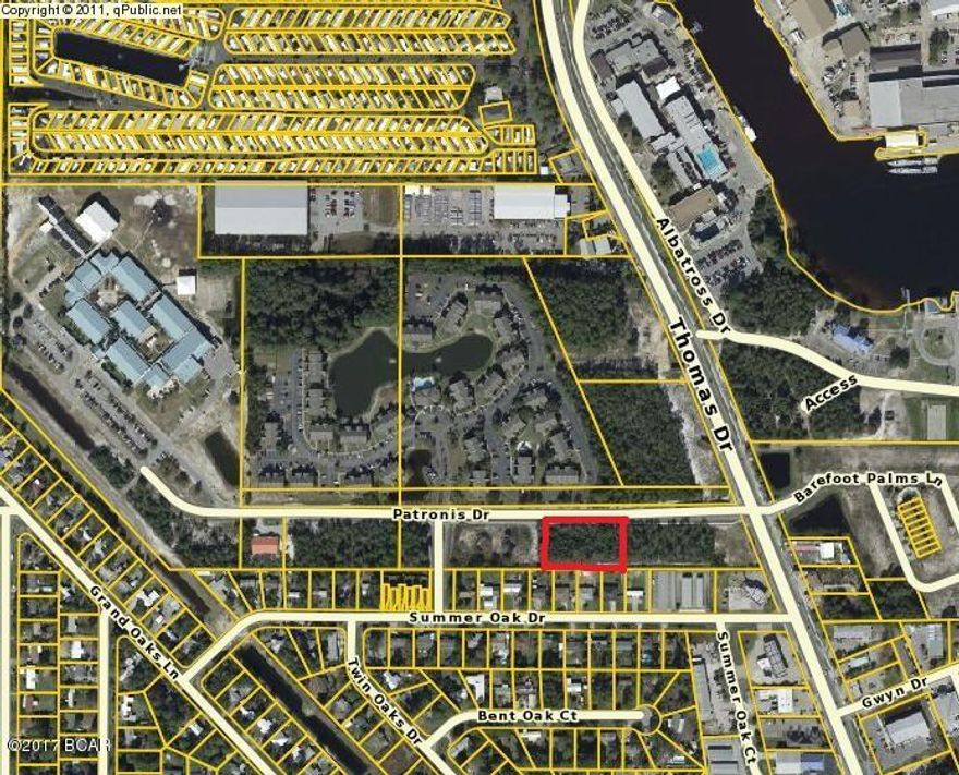High and dry land on the south side of Patronis Drive. Access Patronis Drive via the signalized intersection of Thomas Drive. Ideal for multiple uses including, but not limited to: single or multi-family residential, office, R&D, flex,  etc. The adjacent land on both sides is also available including the vacant land on the corner of Thomas Drive. Zoned C-2, Plaza Commercial-Unincorporated Bay County.
