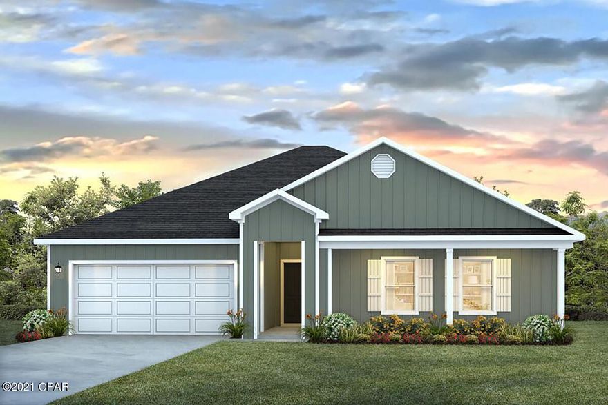 The Denton is a delightful 4 bed, 2 bath, 2 car garage floorplan located in the new Mars Hill community! Through the foyer is a hallway to the right that leads to 3 bedrooms, a laundry room, and bath. The living area is spacious and overlooks to the dining and kitchen area. Bedroom 1 is situated off the large living area and has a private bath with a spacious walk-in closet. Interior features of this home include laminate kitchen and bath countertops with over-mount sinks, traditional 8' ceilings, and beautiful ivory painted cabinetry. Vinyl flooring is throughout the home excluding all bedrooms, which have plush carpet. This home also features a covered back porch, making it perfect for enjoying peaceful evenings watching the sunset. One of the remarkable features of this community is that it is located directly across from Majette Park, which is home to
Panama City's only Disc Golf Course. Mars Hill is also a short drive to Tyndall Air Force Base, and the Naval Station located on
Panama City Beach.

This home comes standard with a Smart Home Technology package which includes a KwikSet keyless entry, Skybell doorbell,
automated front porch lighting, an Echo Dot device, and Quolsys touch panel which can be integrated to control your lighting,
thermostat, front door and so much more. A builder 10-year structural warranty is also included.
This home is being constructed with the Zip Sheathing system, providing greater protection than a traditional housewrap from
damages due to wind, rain, and extreme weather.
Pictures, photographs, floor plans, elevations, features, colors and sizes are approximate for illustration purposes only and will
vary from the homes as built. Home and community information including pricing, included features, terms, availability and
amenities are subject to change and prior sale at any time without notice or obligation. For Move-In/Completion Estimates:
Ready dates are estimates only. Timing of completion of construction and buyer move-in are subject to contingencies
contained in home purchase agreement and governing jurisdictions issuance of a certificate of occupancy and may change
due to forces majeures and other delays or disruptions outside the reasonable control of the Builder.