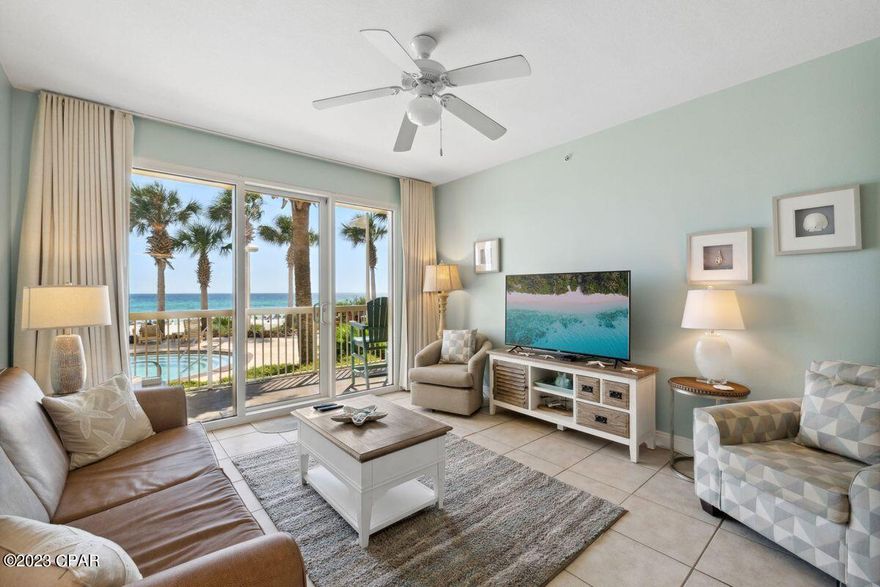 CURRENTLY UNDER CONTRACT, SELLER WILL CONSIDER BACKUP OFFERS. This ground floor unit with a Gulf-front primary suite in Calypso Resort is a rare gem and a top producer for rental income! Enjoy the beachfront lifestyle in this turn-key, beautifully furnished unit in one of the most coveted condo developments in Panama City Beach. Its 2-bedroom plus bunk room floor plan is one of the most desirable layouts at Calypso, offering a sought-after Gulf-front master suite, a bunk room, a wet bar, and more. Step through the sliding glass doors from the living area or primary suite onto the private balcony overlooking the pool with panoramic beach views. Conveniently located on the ground floor, you're only steps from your door to the sugar-white sand beach or pool! Ideally located in the heart of Panama City Beach, Calypso Resort is walking distance from Pier Park, the area's premier shopping, dining, and entertainment epicenter. Owners and guests enjoy access to world-class amenities which include two gulf-front pools, a tiki bar, fitness center, and a private boardwalk to the beach.