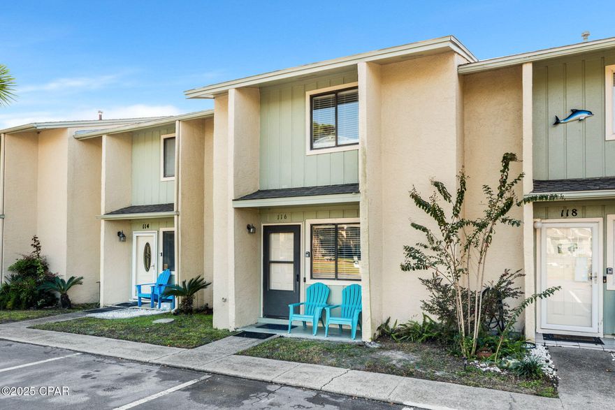 Welcome to coastal living at its best in Gulf Highlands Beach Resort! This beautifully maintained 2 bedroom, 1.5 bath townhome features vinyl flooring throughout, granite countertops, stainless steel appliances, and a screened-in patio perfect for relaxing or entertaining. There is also an additional attached room ideal for extra sleeping space, an office, or even a nursery. Enjoy resort-style living with 11 swimming pools (5 heated), mini golf course, tennis courts, shuffleboards, pickleball court, playgrounds, fitness center, and  clubhouse featuring a neighborhood restaurant with a beachfront pool—all within this gated, golf-cart-friendly community. Located in the heart of Panama City Beach, you'll be steps or a short golf cart ride away from top attractions such as Rock'it Lanes, Just Jump, Shipwreck Island Water Park, Ripley's Believe It or Not, WonderWorks, the fishing pier, and numerous shops, restaurants, and bars. Whether you're looking for a vacation rental, investment property, or full-time residence, this home offers the perfect blend of comfort, convenience, and fun in the sun. (All measurements are approximate; please verify if important.)