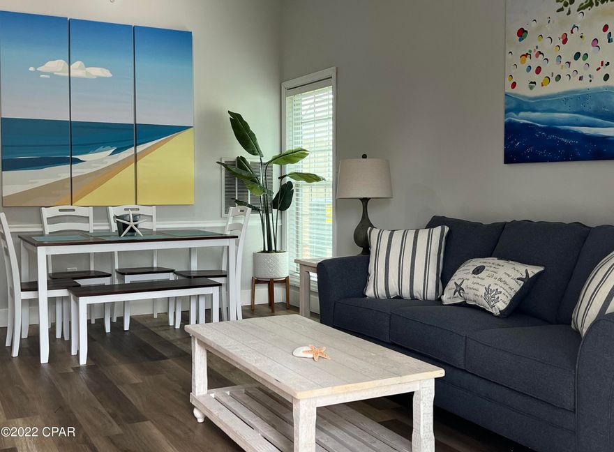 Unit is being sold ASIS and move in ready.   Fresh paint, new double door opening to patio, new LVP flooring in living room and bedroom. 

Added in 2022:  New sleeper sofa, dining table, bunkbed, linens and comforters.  

Replaced 2021 HWH and AC 

Private Patio with new patio furniture.  Two storage closets on patio, one can be used for owners storage, other is already stocked with beach supplies, cooler, floats,etc.

Electric Golf Cart can be negotiated seperately as it is street legal and registered with the state of Florida.  Complex has multiple pools, putt-putt, tennis, fitness center and sits across the street from a direct entrance to the beach.

Please verify measurements if important.