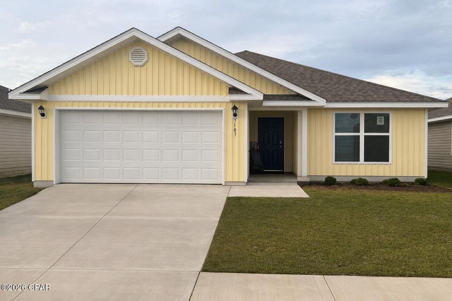 Welcome to the Lismore, a new home floor plan located at Liberty in Panama City, Florida. The Lismore is thoughtfully designed 3-bedroom, 2 bathroom, one-story home with 1.580 square feet of modern living. On the outside of your home, you will see durable vinyl siding, a spacious two-car garage with an opener and a fully sodded yard to the property lines. This home comes equipped with dimensional shingles with a limited lifetime warranty, electronic deadbolts on all exterior doors, weatherproof outlets, and hose bibs. Sidewalks line the neighborhood streets for you to enjoy the beautiful Florida weather at Liberty. Inside you will see 8' ceilings throughout, engineered vinyl plank flooring throughout the home and carpet in the bedrooms. The front bedrooms, bathroom, and garage are close to the front door and welcome you into an open living room and kitchen, perfect for having guests over. Granite countertops, white cabinetry with soft-close are in the kitchen and bathrooms, and the kitchen island make hosting or serving dinner at the bar a breeze. Complete with a pantry, and stainless-steel appliances including smooth top range, microwave, and dishwasher means your kitchen is fully equipped. The living room has plenty of windows for natural lighting and leads right to the back door. Each bedroom comes with soft carpet floors and spacious closets. The Primary Bedroom features a bathroom with a detached shower and double vanity with granite countertops. The walk-in closet is adjacent to the bathroom, meaning more space in your bedroom. As with all the homes in Liberty, your home is outfitted with the latest Smart Home technology allowing you to manage your home right from your phone, making your comfort easy and exceptional. Our Liberty community features underground utilities making it less susceptible to damage from severe weather leading to fewer outages and more reliable service. Residents of Liberty can enjoy exclusive access to two amenity centers, complete with two pools, a children's splash pad, two playgrounds for endless fun, a well-equipped gym, poker room, yoga room, two pickle ball courts, basketball court, and a well-equipped fitness center. Embrace the lifestyle you deserve where every detail is curated for your ultimate enjoyment.