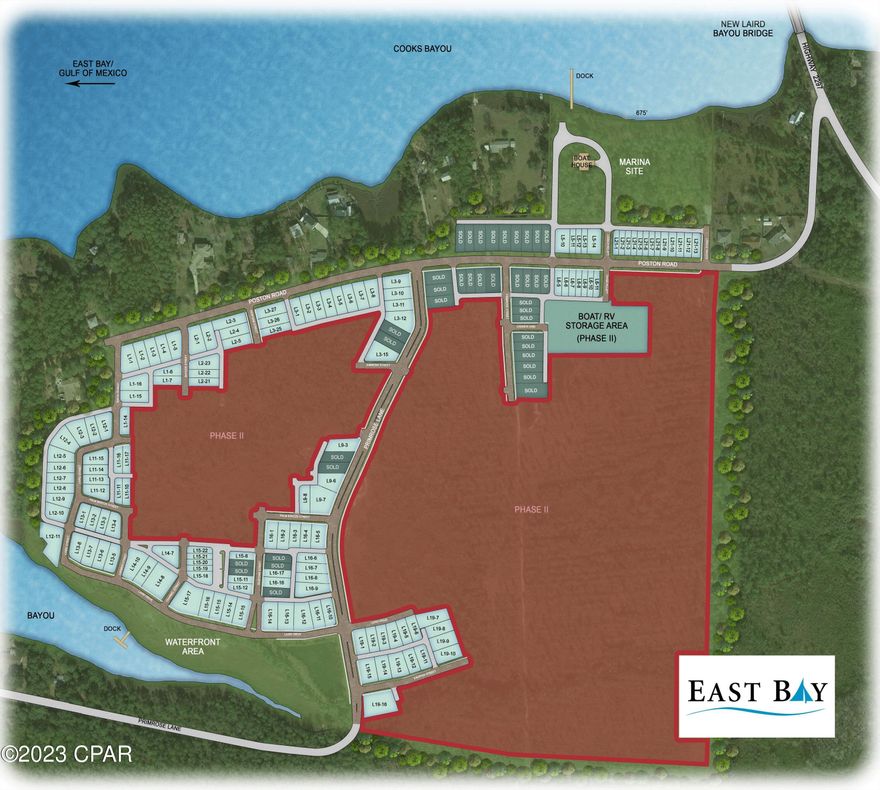 Subject offering consists of 182 undeveloped lots within the East Bay Plat. A part of the East Bay plat with 321 total lots, it is located on Cook's Bayou with deepwater access to St. Andrew's Bay, the Intracoastal Waterway and the Gulf of Mexico and just 10 minutes from Super Walmart, 20 minutes from Tyndall Air Force Base. All lots have had $5,502 in W & S impact fees pre-paid. Available separately are 7 remaining finished lots from Phase 1, a 6 acre marina site on Cooks Bayou with a 3,300 SF Cedar sided Club House, and a 2.72 acre marina/boat storage site.  The City of Callaway is poised for future growth with Eastern Shipbuilding getting the largest Coast Guard Cutter building contract in Coast Guard history, expanded missions for Tyndall AFB and Gulf Coast Parkway being built just East of the Subject Property in order to re-route Hwy 98 traffic around Tyndall AFB.