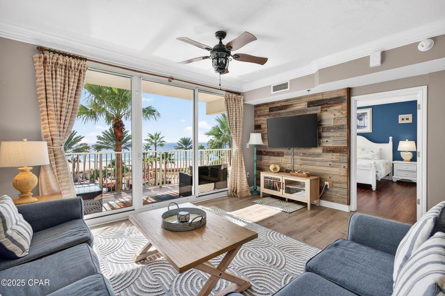 This Shores of Panama ''C'' unit is one of the building's most sought-after layouts on a low (4th) floor. The 1BR+BUNKS/2BA floor plan offers near-two-bedroom functionality at a one-bedroom price point, with standout gulf and resort-style pool views. 

The living room and primary suite open to the oversized 30+ ft balcony, wrapping along two sides of the unit with unobstructed views of emerald gulf waters and the lagoon-style pool. The bunk area has its own door, creating a private sleeping space that functions almost like a second bedroom. Its low-floor location provides quick access to parking, amenities, and the beach - making it both convenient and popular with renters. The condo has been updated with hard-surface flooring throughout - wood-look in the living areas and bedrooms, tile in the kitchen and baths for easy upkeep and a reclaimed wood accent wall adds warmth and character.

Shores of Panama offers nearly 500 feet of gulf frontage and resort amenities including the largest gulf-front pool on Panama City Beach, indoor and outdoor hot tubs, a seasonally heated indoor pool, fitness center, day spa, tiki bar, sundries store, grilling areas, and covered parking. Walk to dining, shopping, and attractions, with Pineapple Willy's right next door. The HOA covers electricity, cable TV, internet/WiFi, and trash, adding real value and predictability.

Act fast - units like this don't stay available for long! Schedule your showing today.
