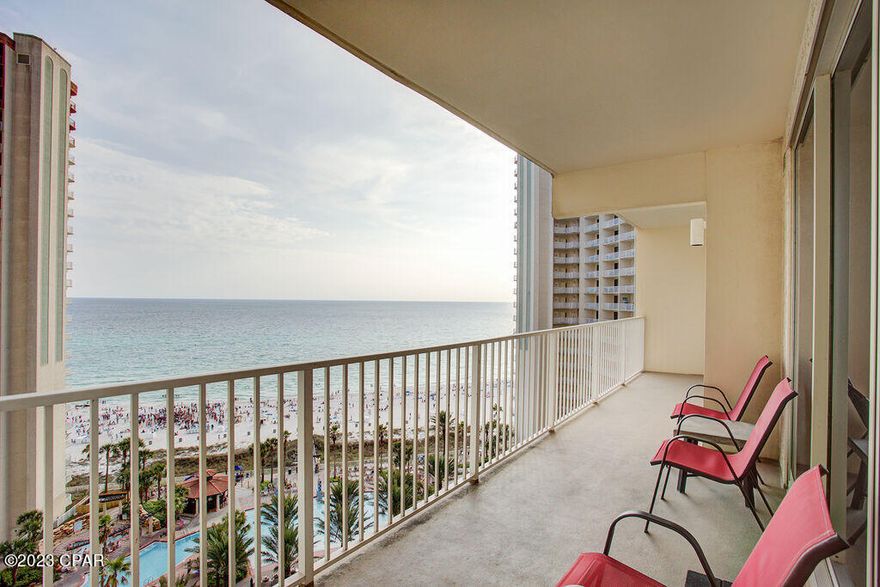 Welcome to your own slice of paradise at Shores of Panama Unit 1216! Nestled along the pristine shores of Panama City Beach, this exquisite beachfront condominium offers an unparalleled vacation experience that combines luxury, comfort, and breathtaking ocean views.
Key Features:
1.	Spectacular Views: Wake up to the soothing sounds of waves crashing and the mesmerizing sight of the Gulf of Mexico's turquoise waters stretching as far as the eye can see. Unit 1216 boasts a private balcony where you can savor your morning coffee while watching the sunrise, or unwind with a glass of wine as the sun sets over the horizon.
2.	Renovated Elegance: Step inside the beautifully renovated living space adorned with modern furnishings, tasteful décor, and an open-concept design that promotes a sense of relaxation. The living room features plush seating and a large flat-screen TV, perfect for cozy evenings with loved ones.
3.	Fully Equipped Kitchen: Channel your inner chef in the well-equipped kitchen featuring granite countertops and ample space for preparing delicious meals. The breakfast bar provides casual seating for quick bites, while the adjacent dining area offers a more formal setting for memorable family dinners.
4.	Serene Bedrooms: The unit's layout includes spacious bedrooms designed for maximum comfort. 
5.	Resort-Style Amenities: As part of the Shores of Panama resort, you'll have access to a host of top-notch amenities. Relax by the sprawling pool deck featuring lagoon-style pools, hot tubs, and a poolside tiki bar. Stay active in the fitness center, unwind in the sauna, and pamper yourself with a spa treatment.
6.	Prime Location: Aside from its beachfront allure, Shores of Panama is ideally located close to Panama City Beach's attractions. Explore nearby restaurants, shopping centers, entertainment venues, and outdoor activities for all ages.
7.	Rental Potential: Whether you're seeking a personal retreat or an investment opportunity, Unit 1216 presents excellent rental potential due to its prime location, luxurious features, and stunning views.
8.	New Furniture: This recently renovated unit boasts brand-new furniture, enhancing both the aesthetics and comfort of the living space and a pull out couch that sleeps 2.
Unit also has its own deeded parking spot. 
Indulge in the coastal charm of Panama City Beach and experience the ultimate beachfront lifestyle at Shores of Panama Unit 1216. This is more than a condominium; it's a gateway to unforgettable memories. Don't miss the chance to make this coastal haven yours. Book your showing today!