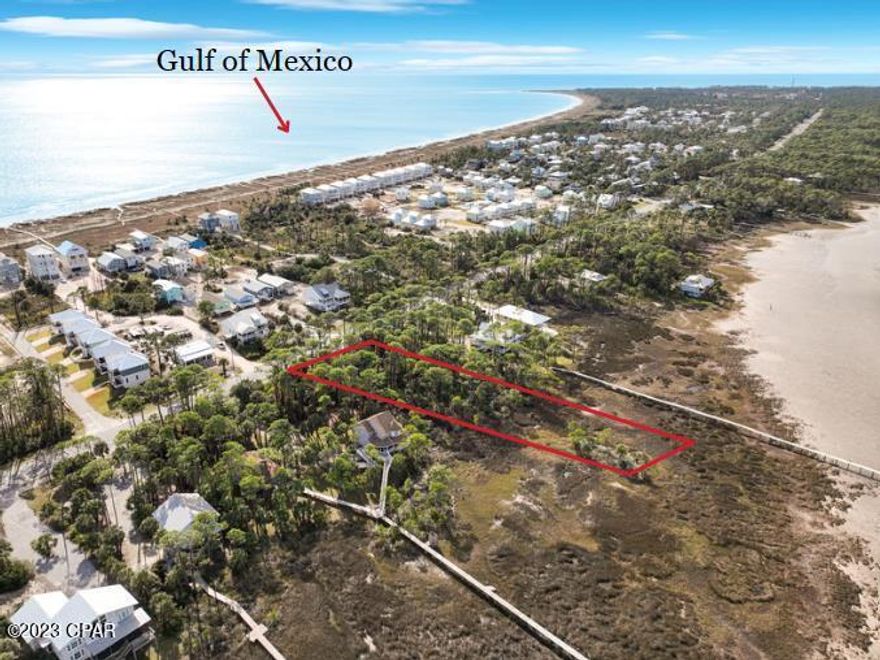 IMPRESSIVE BAY FRONT LOT WITH 100' OF FRONT FOOTAGE ON BEAUTIFUL CAPE SAN BLAS! Build your bayfront dream home in a quiet setting just steps to uncrowded, pet friendly beaches. Fish from the shoreline or take a bike ride down miles of paved nature trails. Enjoy nearby family friendly Salinas Park for kayaking, horseback riding & pickleball courts or visit locally owned businesses & restaurants for fresh seafood, native cuisine & live entertainment. If you're looking for an investment, this area offers proven rental income throughout the year. No HOA dues or restrictions apply other than county regulations. Fall in love with the Forgotten Coast and start living the beach life! Call for a showing & tour of the area today!
Realtor Remarks: Vacant show. No survey or Elevation Certificate. Vacant Land Disclosure requested. AE Flood Zone. No HOA dues. Dimensions from the Property Appraiser indicate 200' of front footage but 100' is the accurate measurement. Verify if important. All offers must be accompanied by a pre-qualification letter or proof of funds. Taxes specific to seller & subject to change.