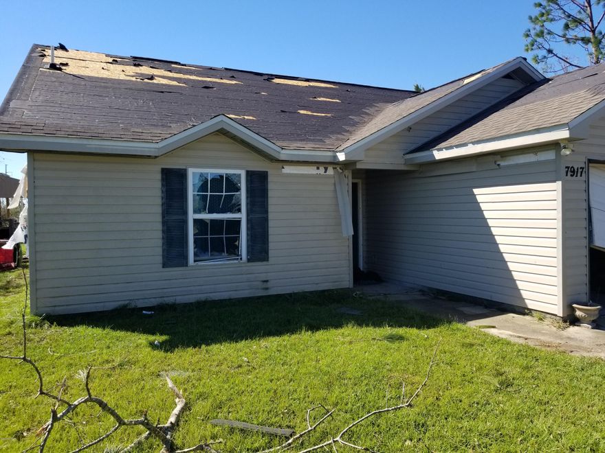 Home has major storm damage. Front bedroom and bath has the most damage.   Quiet country living on a 1/2 acre lot.  Split floor plan, master suite has garden tub, separate shower, double vanities, walk in closet.  2 car garage.