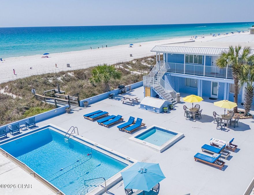 Welcome to Stingray Condominiums! One of the best-kept secrets on the beach! This low density complex offers a peaceful, uncrowded atmosphere with just 18 total units and only two stories, meaning no elevators and no long waits, with super easy access to the beach. This gulf front studio condo is perfectly located off Thomas Drive, placing you close to everything while still offering a quiet, tucked away feel. Whether you're looking for a personal beachside retreat or an investment opportunity, this unit checks all the boxes.
This condominium has one of the lowest HOA fees on the beach, and the dues cover everything except electricity. Recent community updates include a new roof and resurfaced pool deck in 2022, adding even more value and peace of mind. Ideal for first time investors, a weekend getaway, or a cozy vacation spot for a small family. With its small size, low density, and unbeatable charm, this truly is a hidden gem you don't want to miss.