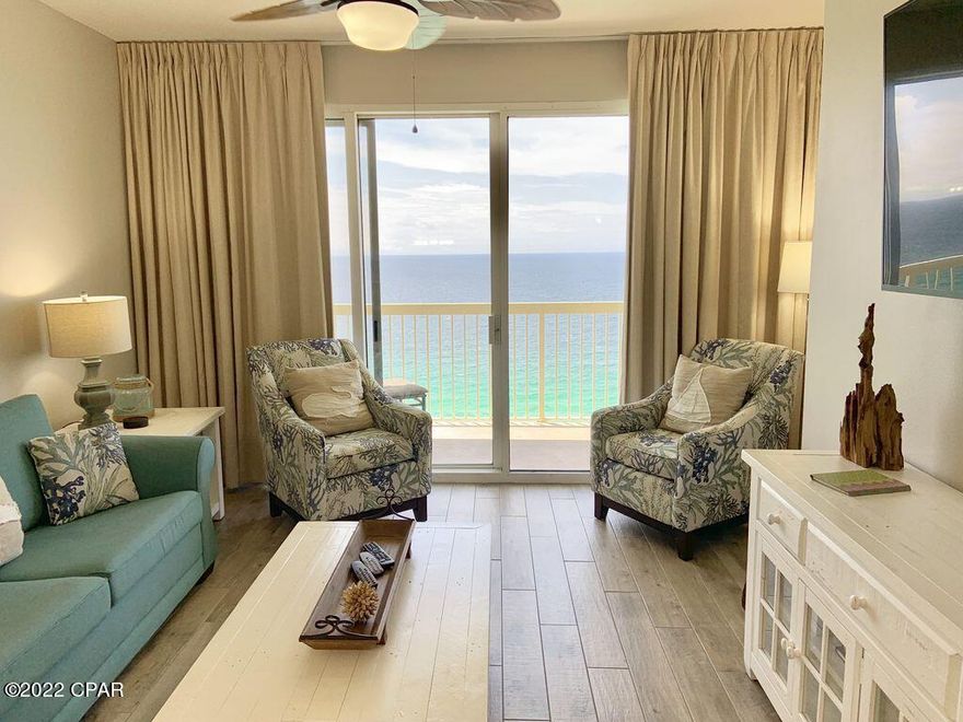 Beautifully updated Gulf Front condo at Celadon Beach Resort.  This unit offers 2 Bedrooms, 2 Full Baths, plus a private Bunk Room with french doors.  The private Balcony, accessible from the Primary Bedroom and Living Room, offers stunning views of the Beach & Gulf of Mexico.  Updates include flooring, appliances, new furnishing and paint throughout. Located on the much-desired West End of PCB, Celadon features all of the amenities for great vacation rental, or 2nd home. 2 Pools, one Gulf front & one Indoor/Outdoor; 2 Hot tubs, one Gulf front; Tennis Court; Fitness Facility; 4 Level Parking Garage with Climate Controlled Walkover.   Future rentals of $37,491 will be offered to buyer.  2021 Gross Revenue 67,024.  HVAC & Water Heater replaced in 2018.