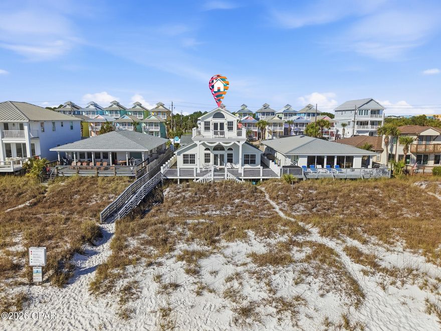 You do not want to miss this stunning 5-bedroom beachfront home in the highly sought after area of Pier Park in Panama City Beach. The spacious living area boasts vaulted ceilings and expansive windows with gorgeous views of the Gulf and its white sand beaches. Step outside to the large back deck of this home that sits on a 50-foot lot. Watch incredible sunsets and catch rays during the day as you listen to the Gulf breeze.

There is a generously sized kitchen that opens to the living area. There are two dining areas downstairs making the home ideal for hosting a large family and guests. The first story offers a nice size bedroom with an ensuite bathroom and plenty of storage. The bathroom has its own jetted tub and shower. You will also find two additional bedrooms, one with Gulf views and an additional full bathroom with a separate tub and shower. The second story has a cozy sitting area along with a fourth bedroom. The third story houses a private master suite with 180-degree views of the beach and its own spacious balcony. There is a full-size master bathroom with shower and jetted tub. The garage area has storage and an enclosed laundry room. The outdoor shower is on the side of the house that wraps around from the beachside for convenience.  

The location is ideal! Just a few houses from Pier Park next to beach access 60. Enjoy everything the hub of Panama City Beach has to offer. Watch fireworks from your backyard and walk to the many events the area hosts. You are just steps to restaurants, shopping and entertainment. 

Take advantage of this unique opportunity to own a beachfront home in this coveted area of Panama City Beach!