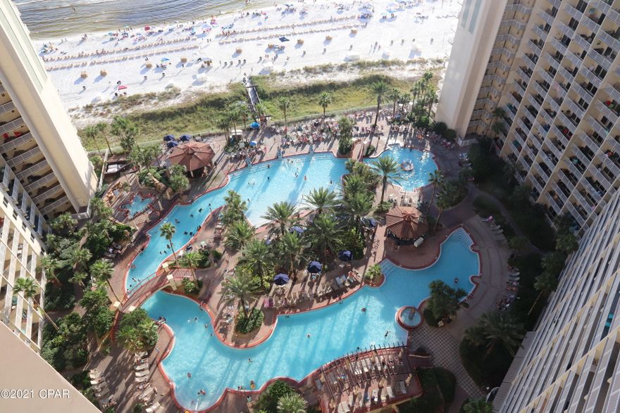 INCLUDES 10TH FLOOR PARKING SPACE.  This is the ''C'' floorplan in Shores of Panama with the gulf-front living room and the GULF-FRONT MASTER BEDROOM.  Balcony is very long, in front of both the living room and master bedroom.  NO CARPET in the condo.  Currently being used as a vacation rental.  Net to owner (after taxes, cleaning fees, insurance) is $26,118 through Sept. 2021.