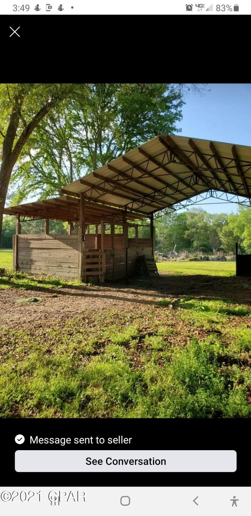 Get the best of both worlds aprox 5 acres of pasture 2 barns with stalls, concrete, workshop/tackroom, well, power.etc. the rest is your private hunting property! Wooded,4wheeler trials and hunting stand.