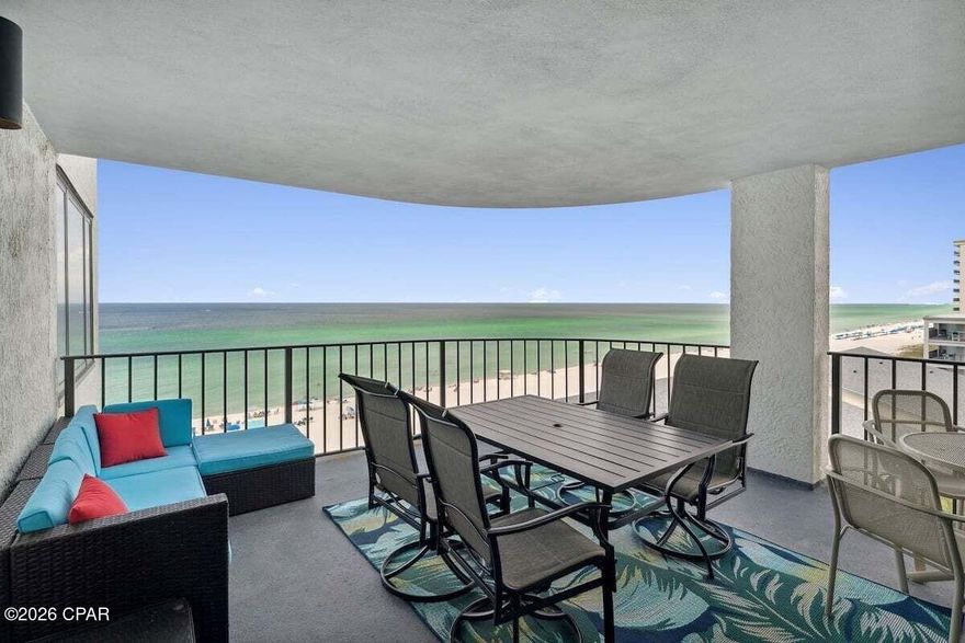 Discover coastal living at its finest in this stunning condominium, Watercrest 709. The oversized balcony is one of the largest in PCB. This beautifully updated and maintained corner unit has breathtaking ocean views with wonderful sunset views, a spacious layout, and modern amenities, every detail has been completely updated and renovated.  Custom cabinetry and countertops. Dual closets in both bedrooms for easy use for owner and guests. Additional storage in laundry room with small refrigerator. The community also features a pool and direct beach access for the ultimate seaside experience. Proven rental history. Experience the vibrant lifestyle of Panama City today.