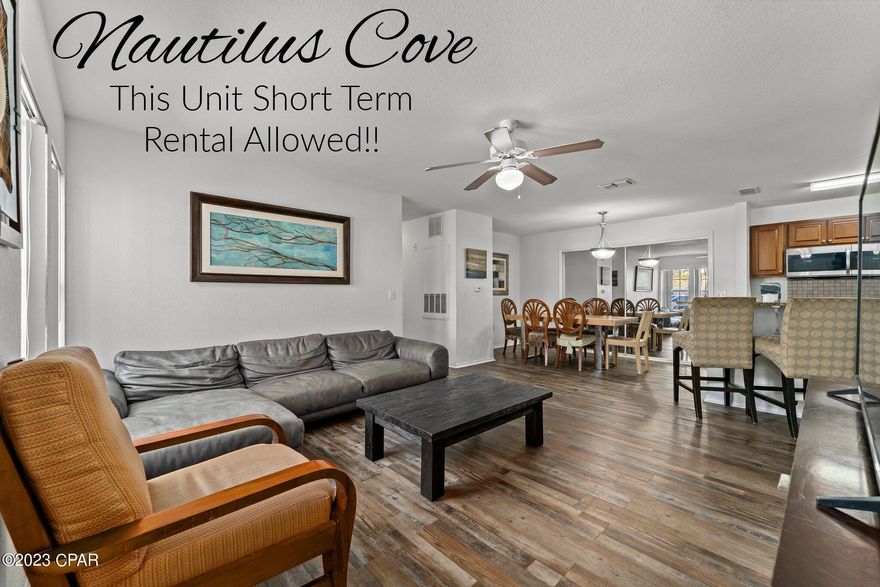 CURRENTLY UNDER CONTRACT, SELLER WILL CONSIDER BACKUP OFFERS. Nautilus Cove is located in central PCB and is a low maintenance and high enjoyment complex! Close to Pier Park and Gulf of Mexico, this appealing unit is conveniently on the ground floor and with this being one of the FEW units that ALLOWS SHORT TERM RENTALS, this one is not to be missed! This unit comes fully furnished, ''rental ready'' and rental projection is 55k! The kitchen features granite counters and stainless appliances in a classic open layout to the super comfortable living area.  Within walking distance to the Gulf of Mexico, and an easy drive to Pier Park and everything else Panama City Beach has to offer this unit leaves nothing to be desired. Strong rental history! In addition to the convenience of the private bathroom, you will find plenty of walk-in closet space to let your wardrobe breathe. The other 3 unique bedrooms are a great place to turn in for the evening. The only missing ingredient is you!
