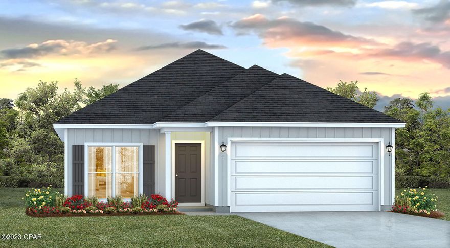 The Oakley features a flex space just off of the foyer as you enter, with a large picture window that allows in the beautiful Florida sunshine.  Continuing down the hall you will see the kitchen and living area are an open concept and the vaulted ceiling gives a dramatic effect to the space. The kitchen has beautiful white cabinetry in Ivory color and, granite countertops as well as a center island. This home is located in Bayside at Ward Creek, a new community on Panama City Beach. It is short drive to the numerous beach access points, shopping and dining at Pier Park. This community is surrounded by plenty of opportunities for outdoor recreation as well. Pictures, photographs, floor plans, elevations, features, colors and sizes are approximate for illustration purposes only and will vary from the homes as built. Home and community information including pricing, included features, terms, availability and amenities are subject to change and prior sale at any time without notice or obligation.