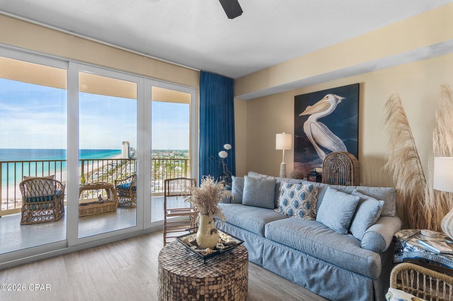 Welcome to Calypso Tower III which presents a compelling investment opportunity, along with one of the best views of the gulf, from one of Panama City Beach's most sought-after beachfront locations, just steps from Pier Park and provides direct Gulf access. This spacious floor plan is designed to comfortably sleep six. The unit features a primary king suite, custom-built hall bunks, and a sleeper sofa, maximizing occupancy potential while maintaining livability. Two full bathrooms adds significant functional value, supporting premium nightly rates.

From its elevated 20th-floor vantage point, enjoy front-row views of the Pier Park pier, where seasonal holiday fireworks illuminate the sky over the Gulf, creating a spectacular backdrop from your oversized private balcony. Offered fully furnished and turnkey, this property is positioned for immediate summer rentals , with no additional setup required.

Quartz countertops in the kitchen and bathrooms, custom light fixtures, custom window treatments and wainscoting throughout elevate the interior beyond typical builder-grade finishes, creating a differentiated product within a competitive short-term rental market. The open-concept kitchen, complete with GE stainless steel appliances, appeals to families and extended-stay guests, broadening its rental audience. 

Completed in 2020, Tower III offers modern construction and newer systems, helping mitigate near-term capital expenditure concerns often associated with older beachfront buildings. Resort-style amenities, including a seasonally heated zero-entry pool, hot tub, fire pit, fitness center, tiki bars, rentable cabanas, on-site dining, and deeded beach access approximately 400 feet away enhance guest experience and drive repeat bookings. The property's five-minute walk to Pier Park, with its dining, shopping, entertainment venues, Top Golf, SkyWheel, movie theater, and family attractions, further strengthens occupancy performance and seasonal rate potential. 

With six-person occupancy, two full baths, 20th-floor Gulf views, and its' premier location, this residence is strategically positioned to capture strong rental demand while offering long-term appreciation potential along the Florida Gulf Coast.

Golden hour, elevated! The views from this unit are stunning and delivers front-row seats to breathtaking sunsets that melt into the horizon night after night. Coastal luxury meets sky-high serenity... this is where every evening feels like a private show!