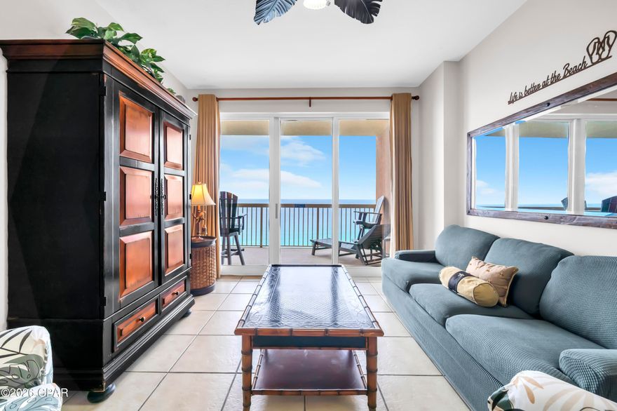 PRIME Upper-Floor Gulf-Front Unit at Sunrise Beach! Welcome to Sunrise Beach Unit 1904—ideally positioned on a high floor in this deluxe 25-story Gulf-front resort. Enjoy breathtaking, unobstructed views of the emerald waters and sugar-white sands of the Emerald Coast from this beautifully upgraded 2-bedroom, 2-bath condo with an additional bunk room that lives like a 3-bedroom. This freshly painted (Jan '26) turnkey, rental-ready unit is sold fully furnished with stylish, beach-inspired décor. Inside, you'll find an open and spacious floor plan with raised ceilings and hard surface flooring throughout. The fully equipped kitchen boasts granite countertops, ample cabinet space, and a breakfast bar—perfect for entertaining. The Gulf-front master suite features balcony access and an en-suite bath with a double vanity, tile flooring, and a tub/shower combo. The guest bedroom and bunk room are both generously sized. The oversized balcony is accessible from both the living room and master suite and is equipped with new composite deck furniture —ideal for soaking in the panoramic Gulf views. Terrific income producing property - unit also conveys with it's own website. Additional features include a large laundry room with a full-size washer and dryer, an interior owner's closet, and spacious bedroom closets. Sunrise Beach Resort is ideally located less than a mile from Pier Park and near PCB's top attractions—shopping, dining, golf, spas, and more. Amenities include over 330 feet of private beach, two elevated Gulf-front pools (one heated seasonally), two hot tubs, a splash pad, a Gulf-front fitness center, owner's lounge, theater room, gas grills, and covered garage parking with direct building access—no need to face the elements. Owner-controlled HOA means you own the amenities and benefit from income sources such as beach chair rentals. This is a rare opportunity to own in one of Panama City Beach's most sought-after resorts! All measurements and dimensions to be verified by buyer.