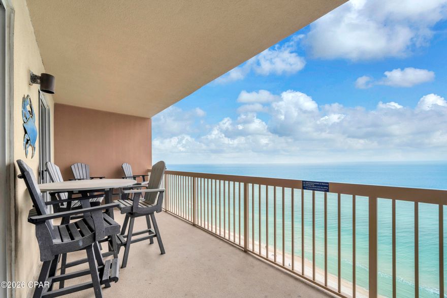 PRIME Upper-Floor Gulf-Front Unit at Sunrise Beach! Welcome to Sunrise Beach Unit 1904—ideally positioned on a high floor in this deluxe 25-story Gulf-front resort. Enjoy breathtaking, unobstructed views of the emerald waters and sugar-white sands of the Emerald Coast from this beautifully upgraded 2-bedroom, 2-bath condo with an additional bunk room that lives like a 3-bedroom. This freshly painted (Jan '26) turnkey, rental-ready unit is sold fully furnished with stylish, beach-inspired décor. Inside, you'll find an open and spacious floor plan with raised ceilings and hard surface flooring throughout. The fully equipped kitchen boasts granite countertops, ample cabinet space, and a breakfast bar—perfect for entertaining. The Gulf-front master suite features balcony access and an en-suite bath with a double vanity, tile flooring, and a tub/shower combo. The guest bedroom and bunk room are both generously sized. The oversized balcony is accessible from both the living room and master suite and is equipped with new composite deck furniture —ideal for soaking in the panoramic Gulf views. Terrific income producing property - unit also conveys with it's own website. Additional features include a large laundry room with a full-size washer and dryer, an interior owner's closet, and spacious bedroom closets. Sunrise Beach Resort is ideally located less than a mile from Pier Park and near PCB's top attractions—shopping, dining, golf, spas, and more. Amenities include over 330 feet of private beach, two elevated Gulf-front pools (one heated seasonally), two hot tubs, a splash pad, a Gulf-front fitness center, owner's lounge, theater room, gas grills, and covered garage parking with direct building access—no need to face the elements. Owner-controlled HOA means you own the amenities and benefit from income sources such as beach chair rentals. This is a rare opportunity to own in one of Panama City Beach's most sought-after resorts! All measurements and dimensions to be verified by buyer.