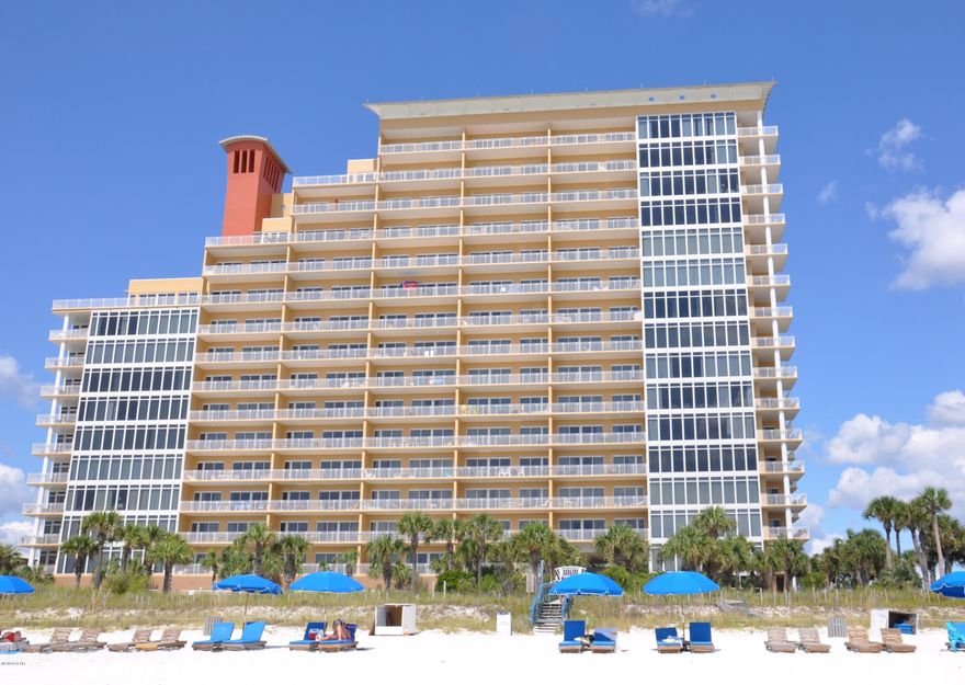 Luxurious Sterling Beach Condo!  This is a beautiful, large 2 Bedroom 2 BH unit with 10.5' ceilings and recently upgraded flooring.  Located in the ''lower traffic area'' of Thomas Drive, close to many popular restaurants, 3 Marinas, and the popular St. Andrews State Park.  The complex has a large media room for watching movies, hosting business meetings or other events.  Well kept Lush grounds.  There is a Grilling -Cook out area for you and your guest, a large beautiful swimming pool, and a  well equipped Fitness Room, This complex is a cut above your average vacation spot!  * Under the building parking spaces are available for sale. 



Small ''Sea Grape'' picture on Kitchen wall and the framed ''Old Map'' in master bedroom are personals Items that do not convey. *Master Bedroom Bedding seller would like to keep but, if buyers really want it she is will to include with the sale.