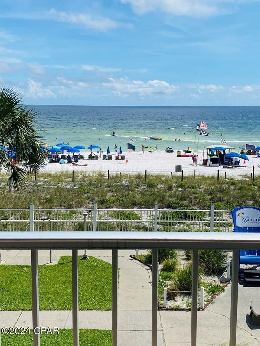 Experience luxury living in this stunning 2-bedroom, 2-bathroom lower floor corner condo at The Summit! Situated on the third floor, this unit boasts a spacious balcony with breathtaking views of the Gulf of Mexico's sugar sand beaches. The open main living area and well-appointed galley kitchen with a breakfast bar create an inviting space for both entertaining and meal preparation. Indulge in the comfort of the generously sized master suite, featuring an elegant bathroom and ample closet space. Guests will appreciate the accommodating second bedroom with convenient access to a hall bathroom. Recently renovated, this unit showcases fresh paint, a new water heater, upgraded HVAC system, and brand-new appliances, including a refrigerator and stove. The Summit offers premium amenities such as multiple pools, a serene sauna, a lively tiki bar, tennis and basketball courts, a game room, and a state-of-the-art fitness center. Unwind at Bikini Bob's bar and grill, or explore the nearby array of restaurants and shops within a short stroll. Not only does this unit promise a luxurious lifestyle, but it also presents a lucrative investment opportunity with proven rental income. Discover the convenience of residing on the quieter side of Panama City Beach while remaining close to local attractions. Don't miss out—schedule your showing today!