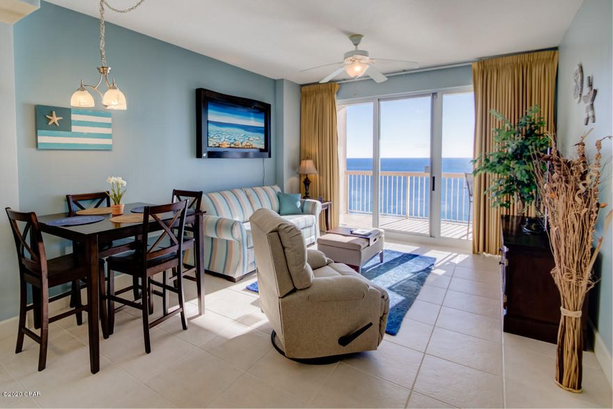 THE BEST view on the beach... simply breathtaking! Updated in colorful coastal decor, this condo offers a king-size master bedroom and living area both overlooking the emerald green waters and white sugar sand of the Gulf of Mexico. Private oversize balcony is accessible from both the master and living area. Master bedroom includes a king bed, garden tub, and walk-in shower. No bunk beds in the hallway here! Our bunk room features a bunk bed with twin over full beds. Unit features granite counter tops, fully equipped kitchen, comfortable sleeper sofa, TVs in all rooms. Pool deck features two resort-style pools, two hot tubs, grills, and a mushroom splash pad for the kids to enjoy! Resort features a fully equipped fitness center and large owners' lounge, both overlooking the pools and Gulf. Sunrise Beach offers a covered parking garage on the Gulf side - no street crossovers. Sunrise Beach is located on the much-desired west end of Panama City Beach within walking distance to the popular Pier Park and Russell-Fields Pier, as well as many restaurants and shops. Outstanding rental history!