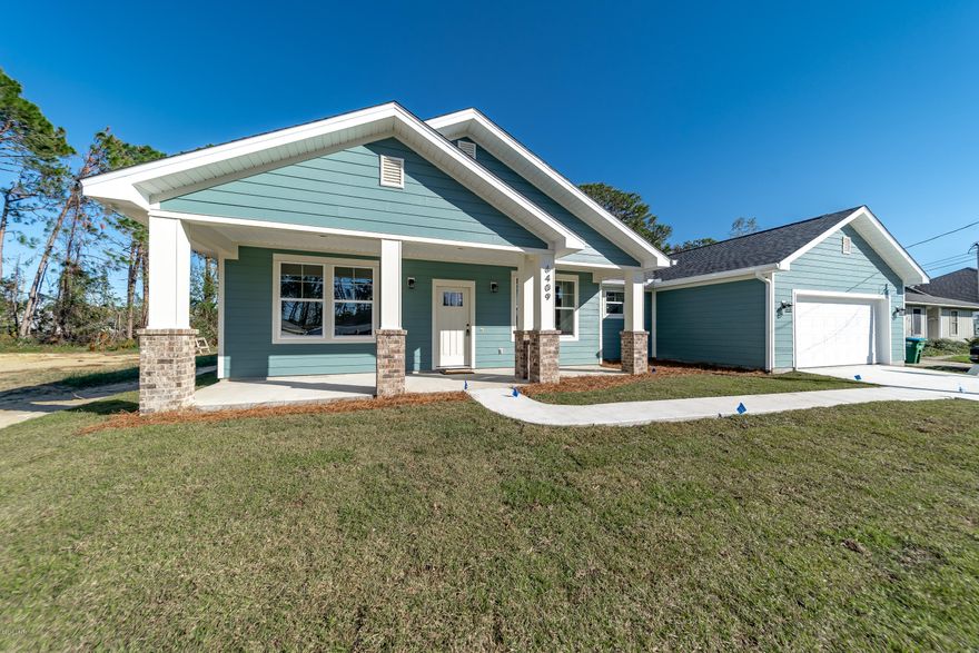 Beautiful new construction Craftsman style home with gorgeous brick columns close to the beach! 2x6 construction...not 2x4! 3bd, 2ba with a den/office. 9 foot ceilings throughout. Granite countertops, beautiful kitchen cabinets with crown molding, stainless steel appliances, Tekoa Oak vinyl plank flooring throughout home. Tuscany beige master bath travertine tile glass shower and separate soaker tub. Covered back porch and 6 ft privacy wood fence surrounding the home. Sprinkler system provided. All information is approximate and should be measured and checked by buyer if important