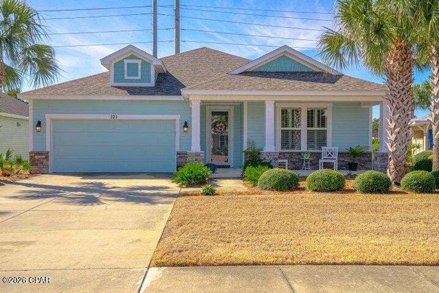 Recently renovated beauty with endless upgrades located near the shimmering white sands and emerald Gulf waters. Coastal Craftsmanship meets beachy chic in this designer inspired home. Recent upgrades include new paint inside and out, new roof, new LVP Golden Oak flooring, Carrera quartz kitchen countertops, stainless steel appliances, tile backsplash, built in closet organizers, new plumbing fixtures, ceiling fans, garage door with opener and landscaping with up-lighting. !0' ceilings and plantation shutters give this home an open airy feel. Open floor plan with gourmet kitchen. Double doors in the living room lead out to a screened patio with a nicely landscaped back yard complete with citrus trees. This Samuel Taylor built home was the model home for the neighborhood and sits on a large corner lot with lots of palm trees for a truly relaxing vibe. 3 miles to Hwy 30A and 4 miles to Pier Park puts you close to fine dining, world class shopping and loads of beach fun for the entire family.