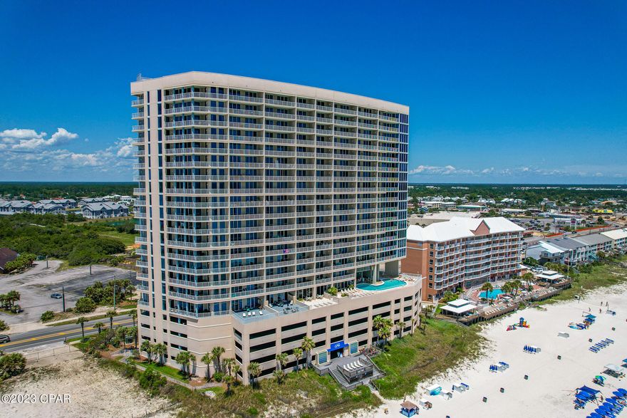 CURRENTLY UNDER CONTRACT, SELLER WILL CONSIDER BACKUP OFFERS.  Unbelievable unit in Palazzo! This is one of the best gulf front condo on the west end of the beach! Close distance to all the amenities of Panama City Beach.  Gated Community with 4 floors of underground garage.  170 sq ft of balcony from the living area where you can enjoy, relax and watch the sunset. Kitchen has a granite counter top and breakfast bar, lots of storage spaces. Bunkroom is tucked in and has its own bathroom.  A very spacious floor plan.