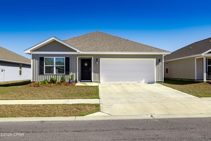 Welcome to 4407 Riparian Lane--where modern comfort meets effortless Panama City living in the desirable Titus Park community.
This beautifully designed Aldridge floor plan offers 3 bedrooms and 2 bathrooms with a thoughtfully crafted split layout, providing both privacy and functionality. The spacious primary suite is a true retreat, featuring a large walk-in closet and an oversized bathroom complete with a double vanity--perfect for busy mornings or relaxing evenings at home.
The heart of the home shines with granite countertops in both the kitchen and bathrooms, complemented by light, coastal-inspired flooring and an abundance of natural light streaming through the windows--creating a bright and airy feel throughout. Smart home features elevate the experience, including smart switches, a SkyBell doorbell, and a Qolsys touch panel that allows you to easily control lighting, temperature, and even your home's security system right from your fingertips.
Step outside to a fully fenced backyard, ideal for kids, pets, and entertaining. The location is equally impressive--just a short walk to the nearby path leading to North Bay Haven Charter School, making school mornings simple and convenient. You'll also appreciate the close proximity to the neighborhood mailbox hub.
Titus Park residents enjoy access to resort-style amenities, including a stunning community pool and a dog park. Plus, with Publix at Panama City Centre just minutes away along Highway 231--surrounded by restaurants and everyday conveniences--you'll have everything you need close to home.
For those who love the coastal lifestyle, you're only about 3 miles from a public boat ramp, offering easy access to the bay for boating, fishing, and enjoying life on the water.
This home truly blends style, technology, and location--ready for you to move in and start your next chapter.

BUYER TO VERIFY ALL MEASUREMENTS, IF IMPORTANT.