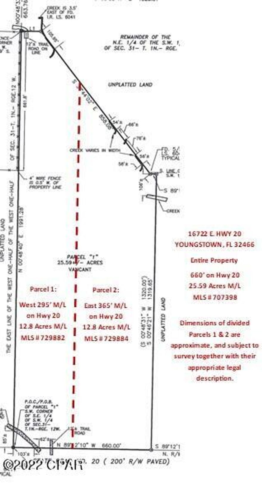 Approximately 12.8 acres, convenient to Hwy 231 and Hwy 20 for easy travel to town. This parcel is part of a larger property that is being offered: [1] as a whole - MLS # 707398, including all 25.59 acres, for $179,900 or [2] as two smaller parcels approximately 12.8 acres each - this listing and MLS # 729884, for $99,000 each. Located on Hwy 20 for easy access - no dirt roads to traverse! Creek runs along the rear of the property; and not far from Econfina Creek. Great property for large homestead or private get-away in the woods. Currently zoned Agriculture-1, allowing for one dwelling unit per 10 acres. See photos/docs for approx dimensions and site description. All info obtained from sources believed authoritative but should be verified by interested parties - info is not guaranteed.