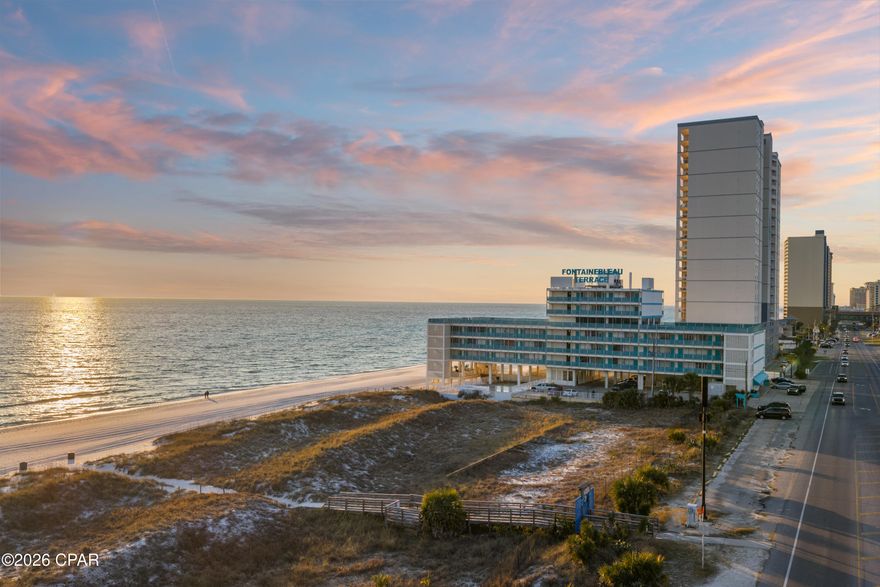 EXCEPTIONAL GULF-FRONT INVESTMENT OPPORTUNITY AT THE HISTORIC FONTAINEBLEAU TERRACE. Cash in on this rental asset! Tastefully designed and perfectly positioned within the building's layout to maximize both scenery and return, Unit 310 is a rare find that is truly ready to perform.

PREMIUM WEST END LOCATION: Experience the most desirable side of Panama City Beach. Located on the quieter West End, you are perfectly situated to enjoy the best of the Gulf lifestyle while being just over a mile from the heart of the action. Whether it is a quick trip to the luxury shopping and dining at Pier Park, the new Topgolf, or the renowned Pirate's Dinner Theater, everything is within reach.

YEAR-ROUND REVENUE POTENTIAL: Panama City Beach is a true year-round destination. With world-class events hosted at Pier Park throughout all four seasons—including the New Year's Eve Beach Ball Drop, UNwineD Festival, Bike Week x2!, Ironman competitions, and massive car shows—Unit 310 stays in high demand. This unit offers the comfort and convenience that modern travelers seek for consistent coastal stays.

UNMATCHED SUNSET VIEWS: Enjoy exceptional, front-row views of the Emerald Coast every single day. Because this unit faces West, it captures the most stunning year-round sunsets on the beach—a major marketing advantage that will set your rental listing apart from the competition.

HASSLE-FREE INVESTING: The all-inclusive HOA is an investor's dream, covering electricity, water, Wi-Fi, EVERYTHING is included. This low-maintenance, high-yield property offers a compelling entry point into the market, with an estimated potential annual income reaching $35k-$40k once clientele is established.

LIVE THE PCB LIFESTYLE: From leisurely walks on the sugar-white sands to lounging by the beachside pool, Unit 310 offers the very best of the Florida coast. Don't miss this entry-level opportunity to secure a profitable piece of this historic condo. Schedule your viewing today! 

Buyer to verify all information deemed important.