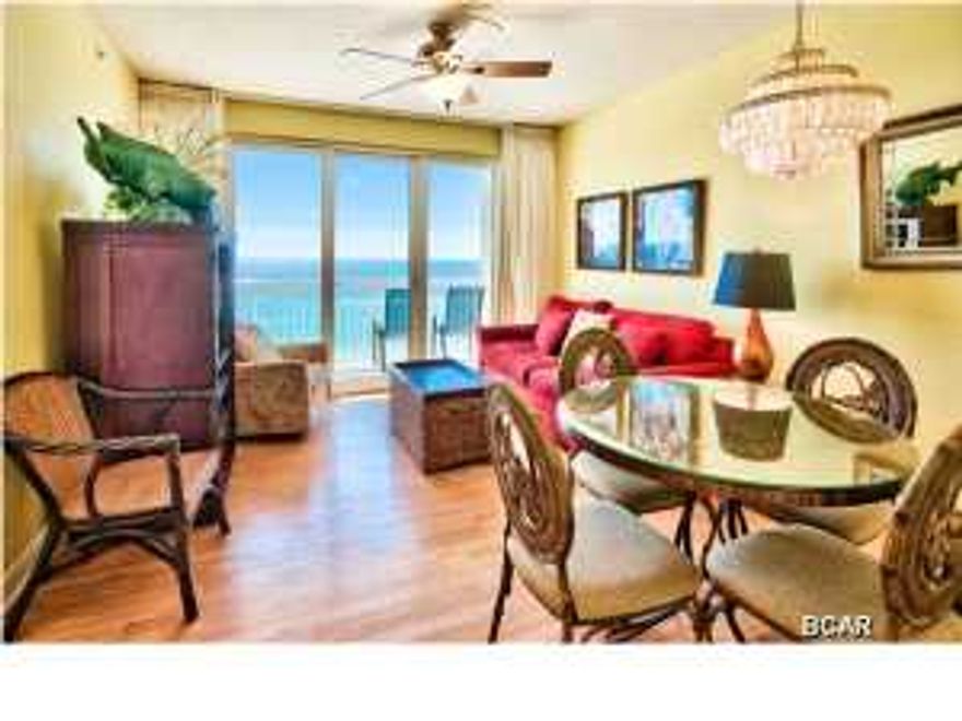 Welcome to Seychelles Beach Resort, a beautiful Gulf front 22-story condominium on the East end of Panama City Beach offering spectacular views of the Gulf of Mexico. This is the most desirable 1-bedroom floor plan with a GULF FRONT MASTER BEDROOM, 2 full baths, and an additional bunk room. The unit is being sold fully furnished and decorated. Interior features 9 ft. ceilings, large windows & sliding doors to maximize the views, tile floor in the entry, kitchen, and bathrooms, and wood floors in the living area and bedrooms. There is balcony access not only from the living area, but also the master bedroom. Capture breathtaking views of the Gulf throughout the unit. The kitchen includes a breakfast bar, white appliances, unique custom backsplash and pantry and is open to the dining