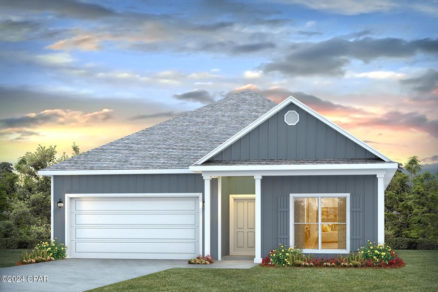 New home under construction at 113 needle Rush Drive. The Rhett is a single-story floor plan at Windmark Beach. On the exterior of the home, you will see beautiful Hardie Board on all sides as well as a sodded yard with landscaped front flowerbed. As you enter this 4 bedroom, 2 bath home, you will see a spacious living concept. The interior features 9' ceilings throughout and engineered vinyl plank flooring throughout the home. This home has tray ceilings in the living room and master bedroom per plan as an added feature, granite countertops, and elegant doors. The kitchen has a center island with granite countertops, a nice size walk-in pantry and the stainless-steel appliances include smooth top range, microwave, and dishwasher. The kitchen opens to the living room, making your home more comfortable and open. The primary bedroom has its own bathroom featuring a spacious walk-in closet, a double vanity with granite countertops, and a separate shower and tub. Whatever room in this house you're in, you will feel right at home. This community features a town center complete with food, shopping, a gym, and more. There are sidewalks, boardwalks, bike paths, golf cart paths, and beach accesses along with a large two community pools and breathtaking views of the Gulf of Mexico. Homes are subject to prior sale or rent. Home and community information, association fees (if any), included features, terms, availability and amenities, are subject to change at any time without notice or obligation. Drawings, pictures, photographs, videos, square footages, floor plans, elevations, features, colors and sizes are for illustration purposes only and will vary from the homes as built. Landscaping and furnishings may be decorator items not included in the purchase price and may not be available.