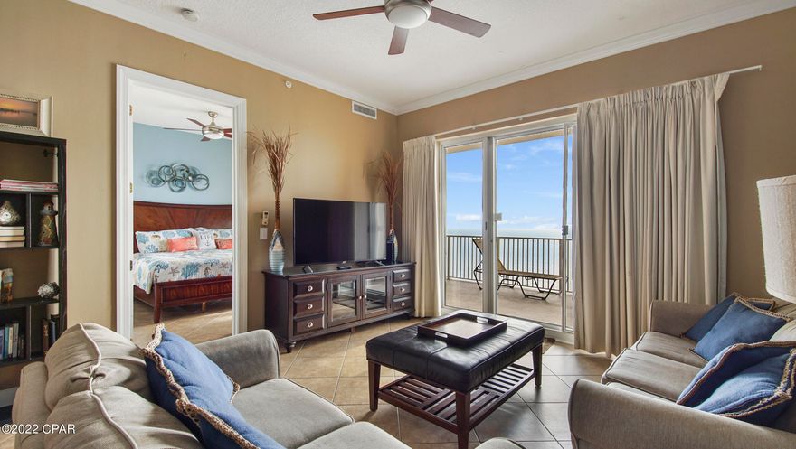 Gorgeous ''Penthouse'' 2/2 condo with large balcony. Unbelievable gulf front view, especially at sunset. 

Fully furnished unit with all appliances, furniture, dishes, linens and accessories.

Unit has been a rental unit for several years and has a great occupancy rental history and the reviews on VRBO are terrific.  Located n the heart of Panama City Beach with access to great shopping, restaurants and recreation. Close to Pier Park, The Amphitheatre and all of the west end parks and activities. Directly across from a 15 acres mini-golf that provides a beautiful out front as well. Complex is well kept and includes two pools, one indoor. Low owner turnover in this complex. Sq footage includes the balcony the interior has 923 sq ft. Showings available on 12/12