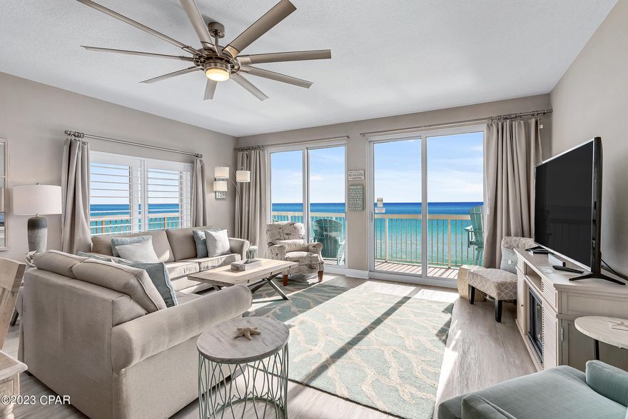 This property has sold! Discover similar listings by reaching out to us for an updated list of available properties that match your preferences. **2BR/2BA CORNER UNIT WITH WRAP BALCONY WITH EXTERIOR STORAGE)** This beautiful condo features much more space in the living area than most and is complemented by upgraded flooring and tasteful coastal decor. Enjoy stunning views from the large living and dining areas as well as the spacious kitchen. The main bedroom, facing the Gulf of Mexico, also offers beautiful water views. Situated on the 18th floor, the condo provides lovely gulf vistas and is conveniently near Pier Park. Resort amenities include two pools with gulf views, private beach access, a Tiki bar & grill, a fitness center, and the Calypso Market. Ideal for those seeking a beachfront lifestyle with easy access to local attractions. SELLERS LEASE ONE OF THE FEW LARGE, EXTERIOR STORAGE CLOSETS FROM CALYPSO HOA FOR $1,200 PER YEAR