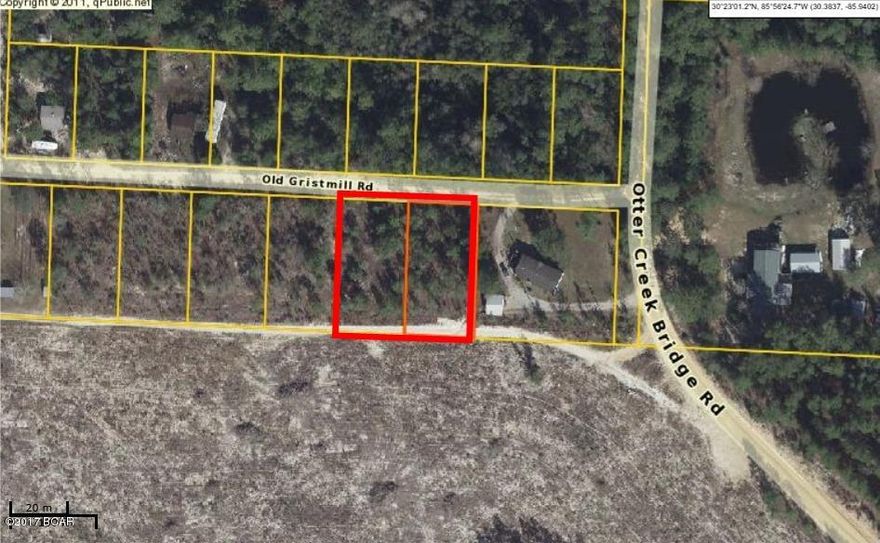 Two congruous lots on Old Gristmill Rd.  Can be bought together or separately.  Combined, this is an approx. 170x140 lot. Build a home or bring in a mobile home. County zoning and horses are allowed.  You're also near several  public boat ramps on Otter Creek and the Choctawhatchee River among others. Also, the property is not far from the new airport.  All info is approx. and must be verified by Buyers if important.