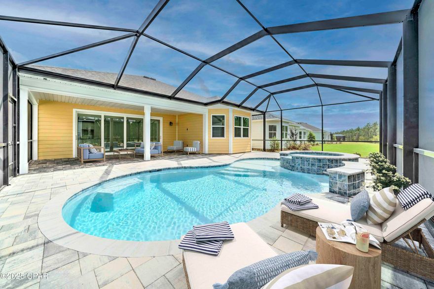 CURRENTLY UNDER CONTRACT WITH KICKOUT CLAUSE, SELLER WILL CONSIDER BACKUP OFFERS - Welcome to this exquisite Breeze Bay home, located within the premier 55+ gated community of Latitude at Watersound, Margaritaville. This residence has never been occupied and offers two bedrooms, two full-size bathrooms, a half bath, and an office that could serve as a third guest bedroom, encompassing 2,161 sq. ft. of living space. Situated in Phase 7, part of the property backs up to a preserve. The sliding glass doors fully open to professionally designed outdoor living space, featuring a custom saltwater pool, spa, dedicated waterfall feature for ambiance, and a screened lanai, perfect for year-round enjoyment.
The interior boasts an open-concept design ideal for both entertaining and everyday living. The gourmet kitchen includes granite countertops, stainless steel appliances, tiled backsplash, under-cabinet lighting, a large kitchen island, and recessed lighting. The beautiful interior features vinyl plank flooring throughout, trey and vaulted ceilings, 8 ft doors, and a private master suite with two walk-in closets, window overlooking the lanai, master bath with double vanities, tiled flooring, a large walk-in shower, and corner soaker tub. The second guest ensuite includes a single vanity and walk-in shower. The two-car garage has epoxy-coated floors for durability and easy maintenance, with ramp access making the home easily accessible.
World-class resort amenities include: Latitude Town Square with Bandshell, Latitude Bar & Chill Restaurant, 2nd Floor Overlook Bar with panoramic views of the Intracoastal Waterway, Paradise Pool with Beach Entry Cabanas and music daily, Indoor lap pool & whirlpool for year-round exercise, Fins Up! Fitness Center, Planned Workin' N' Playin' Center, Barkaritaville Dog Park, Tennis & Pickleball Courts, Bocce Ball Courts, Port of Indecision Kayak Launch, Walking Trails, Last Mango Theater, Coconut Telegraph Business Center, and a marina currently under construction.
This home offers the perfect blend of luxury, comfort, and convenience within a thriving, golf cart-friendly community designed for an unparalleled coastal lifestyle. This brand-new, never lived-in home with private pool and spa presents a unique opportunity to acquire your personal piece of paradise. Please schedule your private viewing today. While all information is deemed accurate, buyers should verify details of importance.