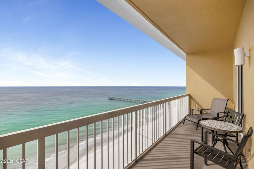 PENTHOUSE, NOT JUST IN NAME—THIS ONE SITS AT THE TOP OF CALYPSO TOWER 1. Unit 2305 occupies the highest position in the building, offering elevated views of the Gulf of America and west-facing sunsets over Panama City Beach. This 1-bedroom, 1.5-bathroom condo features balcony access from both the living area and the bedroom, creating a seamless indoor-outdoor connection at the penthouse level. Soaring 10-12 ft ceilings enhance the sense of volume and openness, while abundant natural light highlights the thoughtful layout and modern finishes throughout. Solid tile flooring provides durability and easy maintenance, supporting a true coastal lifestyle. Calypso Resort & Towers offers a full suite of amenities including an onsite general store, multiple pools with loungers, a fitness center, elevators, and a seasonal tiki bar and grill. Pier Park and Aaron Bessant Park are close by, placing shopping, dining, events, and entertainment within immediate reach. Nearby attractions include Topgolf Panama City Beach, McGuire's Irish Pub, and Dolly Parton's Pirates Voyage Dinner & Show, with convenient access to Northwest Florida Beaches International Airport. The condo is currently operating on VRBO with strong rental performance, making it well-suited for personal use, short-term rental income, or a hybrid approach. Positioned above it all—literally—this penthouse delivers privacy, views, and location advantages that continue to define Calypso Tower 1 as one of Panama City Beach's most recognizable Gulf-front addresses. All information is deemed reliable but not guaranteed; buyer to verify if important.