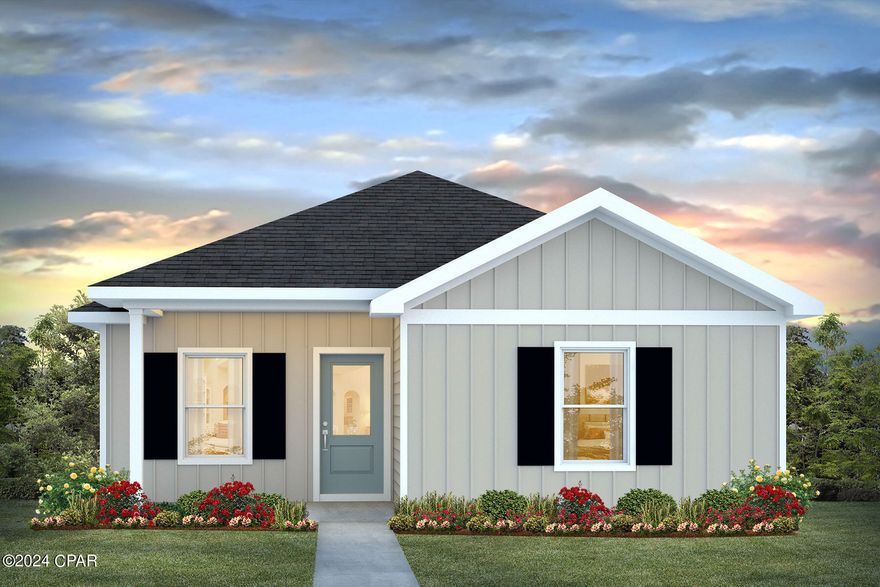 Welcome to the Allanton, a new home floor plan at Sunny Hills in Chipley, Florida. The Allanton is one of several cottages plans we are building in Sunny Hills.
The Allanton is a 2-bedroom, 1-bathroom, 915 square foot home with an open kitchen, dining, and living room. As you walk inside this lovely home, you will notice the beautiful EVP flooring as the sunlight beams into the spacious living room and kitchen.
On the side you will see the hallway that leads to the spacious bedrooms that have soft carpet in each bedroom and closets with ventilated shelving. In the hallway is also the laundry room, made for a stackable washer and dryer. At the back of the kitchen is the backdoor that leads to the large back yard.
In the kitchen and bathrooms, you will see the beautiful granite countertops and Ivory shaker style cabinetry with brushed nickel hardware. The primary bathroom has a single vanity and shower, and the kitchen has stainless-steel appliances including a stove, microwave, and dishwasher.
On the outside of the home, you will see Royal Vinyl siding on all sides of the homes,  composition shingles with a 30-year warranty, and driveways that lead right to your front door. Enjoy the unbeatable sunrise and sunsets right on your covered front porch and back patio.