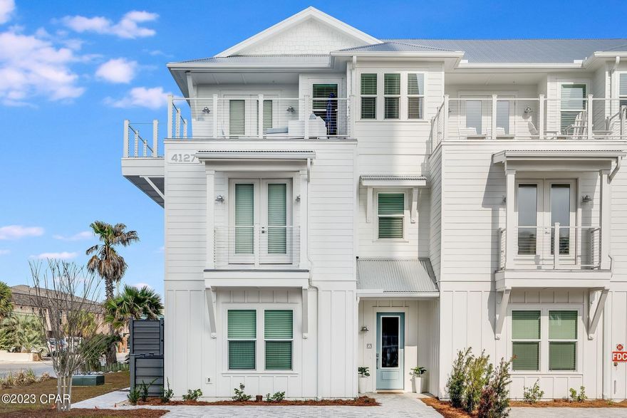 Newly built furnished townhome with elevator! Located directly by beach access and VIEWS of Gulf from third level deck. Centrally located to restaurants and entertainment on the East end of Panama City Beach, this home would make an excellent vacation rental or second home. Professionally designed with a coastal feel, finishes include shiplap walls, white cabinetry throughout, sparkling white quartz counters, and honey oak luxury vinyl plank. Endless features include a private pool with pavered patio, outdoor shower, large open main living area, game room with rooftop deck, wet bar with wine fridge on third level, and spacious bunk room. This home also includes an elevator for easy access to all levels. Furnishings included. HOA fee is estimate and subject to change, homeowner will be responsible for maintenance of driveway, pool, etc.
