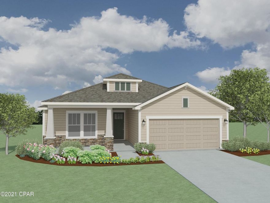 This Sand Dune Carolina elevation floor plan features 1946 sq ft and a 2-car garage. Optional upgrade for a 3rd car available. All interior features have 9 and 10 foot ceilings, tile and carpeted floors. The kitchen showcases granite countertops, a gas stove, microwave, dishwasher, garbage disposal, and recessed lighting. All builds are above hurricane code with 2'x6' exterior wall framing, hurricane tie down rod and anchor system, architectural shingles and higher insulation ratings. The home features a front and back covered porch to entertain and enjoy the beautiful neighborhood. Breakfast Point is just minutes from the beach and shopping. Please visit the model home located at 206 Basin Bayou Drive for more information!