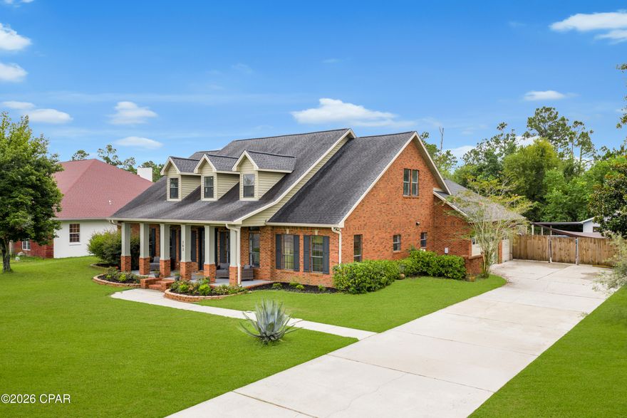 OPEN HOUSE - Saturday, March 7th from 1-4p AND Sunday, March 8th from 1-3p. Hidden on one of College Point's most private and rarely traveled streets, 203 Judy Circle offers an exceptional blend of space, privacy, and coastal lifestyle. Many locals don't even realize this street exists, making it a true hidden pocket within one of Bay County's most desirable neighborhoods. This 5-bedroom, 3-bath Craftsman-style brick home features 4,578 square feet of heated and cooled living space on a spacious, fenced lot backing to open green space. The thoughtfully designed layout includes soaring ceilings, oversized rooms, and generous closets throughout. Interior features include crown molding, terrazzo and vinyl plank flooring, recessed lighting, a chef-style kitchen with large island and walk-in pantry, a gas fireplace, and a dedicated media room. An expansive upstairs family or recreation room provides flexible living space. The cooled sunroom provides highly versatile space that can function as a playroom, homeschool classroom, second living area, home gym, office, or game room, with natural light and backyard views. Outdoor amenities include a private pool with custom decking, fire-pit area, outdoor shower, and a detached shed/workshop offering excellent storage or hobby space. An oversized driveway and 3-car garage provide ample parking for vehicles, boats, or golf carts. No HOA. Located in College Point, this home offers convenient access to the bay-front park, walking trails, playgrounds, schools, and community events, capturing the relaxed coastal lifestyle this area is known for while remaining close to shopping and dining. Homes offering this level of privacy, square footage, and outdoor living in College Point are rarely available.