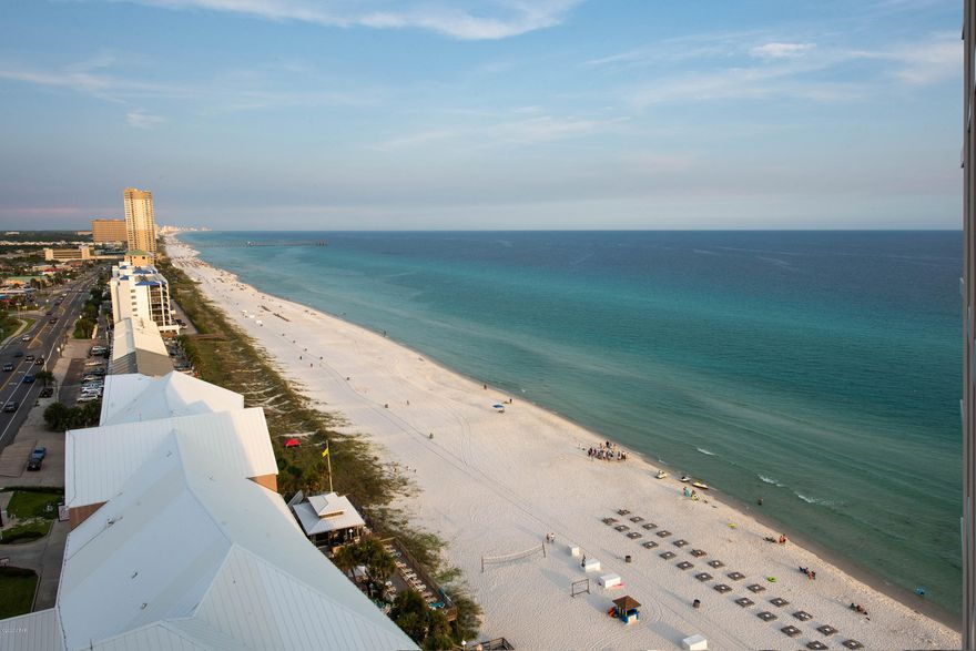 Great opportunity to own a piece of heaven on the quiet far west end of Panama City Beach at Palazzo Condominiums!  Unobstructed 180 degree views of the emerald green waters that make our area famous!  This condo has been immaculately upgraded for your rental investment needs or for moving right in.  Electricity is the only utility not covered in HOA fee!  There's plenty of room for a family with a large master, generous bunk bed room, two full baths, plus a sofa bed.  Sip your morning coffee out on the large balcony or watch the gorgeous sunsets.  Amenities included are beach service (Mar-Oct), pool, hot tub, exercise room, BBQ area, and conference room.  1 mile to Pier Park and 20 mins from NW FL Beaches Intl Airport. You or your guests will enjoy the complimentary beach service (Mar-Oct), pool, hot tub and fitness room amenities offered.  Only 1 mile to Pier Park shopping centers.  Only 20 minutes from NW FL Beaches International Airport.
