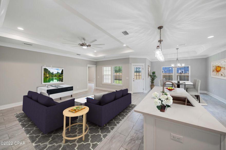 Beautiful Brand New Home ready for it's first owner! This custom model features an open floor plan with 3 bedrooms, 2 bathrooms, tile floors throughout, soaring 9 ft ceilings and crown molding. The kitchen showcases a large island, tile backsplash, white shaker style cabinets, stainless steel appliances, stone countertops and a large pantry! The exterior features Cement Hardie Backer Board siding, paved driveway, fully fenced backyard and pristine new landscaping. Short Term Rentals are allowed in this community with no HOA. Located minutes from shops, restaurants and Panama City Beach's gorgeous beaches - this spectacular new home won't last long so schedule your showing today!