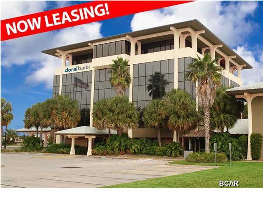 The Beach Professional Center is the Landmark premier class ''A'' signature office campus in Panama City Beach. The property has a prime location in the heart of Panama City Beach's business and professional district at the intersection of Hutchison Boulevard and Richard Jackson Boulevard. The building's contemporary design and striking appearance utilizes a glass curtain wall system offering spectacular views of the Gulf of Mexico and neighboring resort communities. The common floor lobbies feature tile flooring in the elevator vestibule. There is ample parking, lush landscaping, superior signage opportunities and professional building management services. The Beach Professional Center is one of Panama City Beach's most reputable business addresses and is THE place to do business i Panama City Beach. The attention to detail and premier location makes the Beach Professional Center a desirable choice for quality, class ''A'' office space. Space in the building includes a retail bank on the first floor and professional offices and suites throughout the building. Tenants include the State of Florida's Department of Business and Professional Regulation on the third floor as well as marketing, real estate, financial planning, business consulting and property management companies. Suite includes the entire 5th floor and was completely remodeled in 2013 as the headquarters of a local bank. Finishes are exceptional. Very little tenant improvement may be needed. The board room and several offices have views to the Gulf. See the attachments for more complete information and a layout of the 5th floor office configuration. Owner is a licensed Florida real estate broker. All square footages are approximate. Please confirm if important. Exterior fixed building signage rights may be negotiable with a long term, full floor lease.