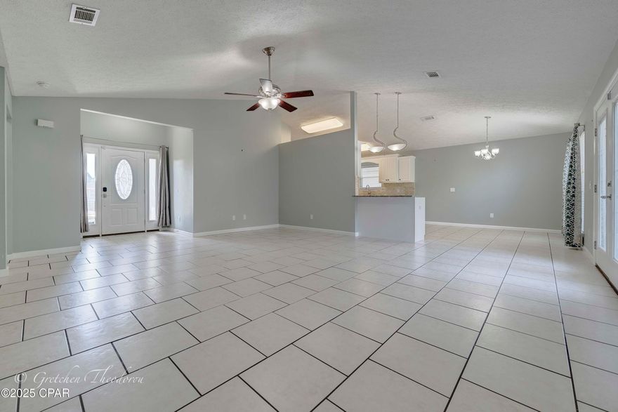 PRICE IMPROVEMENT!!! FANTASTIC!! Beautifully maintained 3/2 on a quiet cul-de-sac with a Chef's Kitchen awaits you! Enjoy entertaining in your spacious kitchen with granite counter tops, stainless steel appliances....plus, room move! The living area is open and airy, including French Doors that lead out to the peaceful outdoors. Primary bedroom boasts backyard access, a bath with separate tub and shower, double vanity and a huge 10x10 walk in closet.....how wonderful!! Location is amazing - brand new Publix, easy drive to Tyndall AFB, AND..... the Beaches are still close by! Please call your favorite Realtor to see this one today.....you are going to love it!!
Buyer to confirm all measurements.