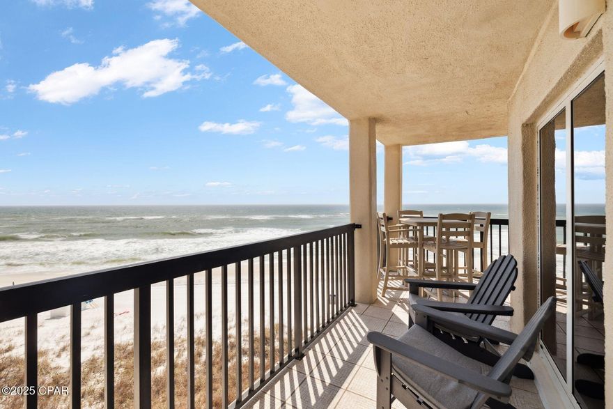 Experience coastal paradise in this beautiful 3-bedroom, 3-bathroom beachfront condo at Pinnacle Port in Panama City Beach, Florida. Boasting a wraparound south-facing balcony, this condo offers breathtaking, uninterrupted views of the Gulf, making it the perfect retreat for relaxation and entertainment. Inside, you'll find updated flooring throughout, a spacious kitchen with updated countertops, and bright coastal décor and furnishings that create an inviting and airy ambiance. Two of the three bedrooms offer direct Gulf views, allowing you to wake up to the sights and sounds of the ocean every day. 

Pinnacle Port is tucked between the Gulf of Mexico and Lake Powell offering a unique array of experiences with some of the best amenities in Panama City Beach. Enjoy two swimming pools, including a heated and partially covered option for year-round comfort, as well as four tennis lighted courts, an exercise room, basketball court, saunas, shuffleboard, bocce courts, charcoal grills and a playground. For water enthusiasts, the boat ramp and 26 free boat slips make it easy to explore Lake Powell, Florida's largest coastal dune lake. This amenity is perfect for owners and guests to enjoy boating, jet skiing, sunset cruises, kayaking, paddleboarding and fishing. Families will also love the free poolside cinema in the evenings during the summer for an extra touch of fun. When it's time to explore, you're just minutes from Scenic Highway 30A's fine dining and Pier Park's shopping and attractions, offering the best of the Emerald Coast. Whether you're looking for a dreamy coastal getaway or a high-demand vacation rental, this one-of-a-kind beachfront condo at Pinnacle Port is the perfect place to call home.