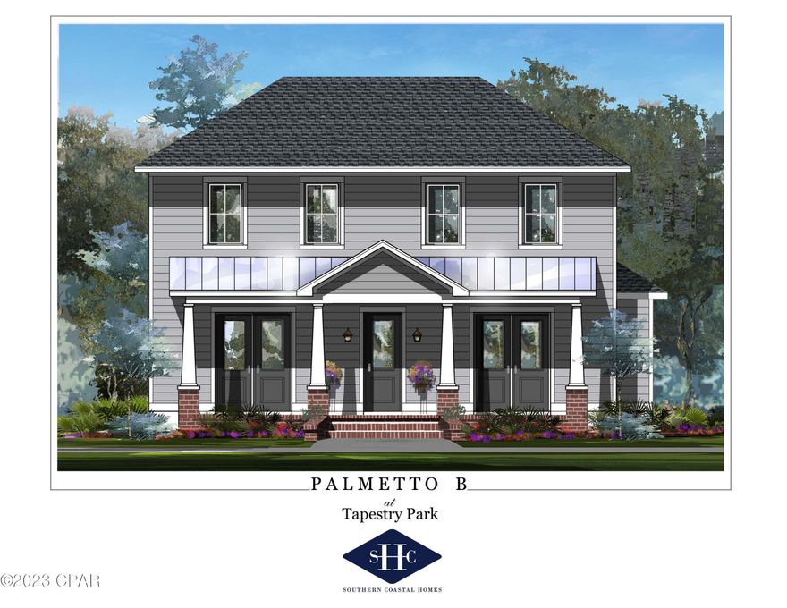 NEW CONSTRUCTION offered in the brand new TAPESTRY PARK PHASE III in Panama City Beach built by Southern Coastal Homes. 2 blocks to the beaches of the Gulf of Mexico and beach access #43, close to shopping and dining, and the famous Pier Park. Homeowners will have access to two community pools, lighted sidewalks and green spaces as well as access to tennis courts, basketball courts, and club house. This grand 4/3.5 PALMETTO floorplan is a brand new Southern Contemporary design with old Florida charm and coveted upgrades.
INTERIOR features include 10 ft ceilings with 8 foot interior doors, large volume Great Room with an open floor plan, dedicated study/flex room, kitchen with center island, custom cabinetry, walk-in pantry and stainless-steel appliances.

The FIRST FLOOR Master Suite has an expansive tiled shower, pedestal tub, double vanity large walk-in closet with direct access to laundry room. The second floor holds 3 well-appointed bedrooms; one with ensuite bathroom and jack-and-Jill layout.
EXTERIOR features of this home includes Hardie board siding with beautiful brick rocking porch, double front porches, 8 ft. exterior doors, rear detached garage with alley access and optional outdoor kitchen.
Home includes smart lock, tankless gas water heater, energy efficient appliances, dual A/C units and has been expertly designed by our design team.
*Design board elements subject to change based on availability and without notice.*