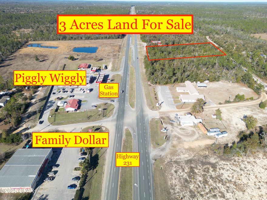 Great piece of land in commercial area of Fountain, has about 235 front feet on Highway 231, about 3 acres total. Upon checking with Bay County, property can be converted to full commercial status. Great highway frontage for retail business. All land is high and dry, no wetland. Piggy Wiggly Express gas station and Family Dollar are across the street from this property. Highway Interstate 10 is about 20 minutes away. Panama City Beach is about 40 minutes away.