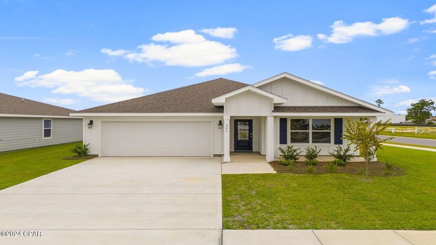 Park Place is a new construction subdivision located just minutes from Tyndall Airforce Base. This home situated on a corner lot at 295 Boggy Creek Way is ready for move in and features Hardie siding as well as a landscaped front flower bed. As you enter this Cali floorplan you will find traditional 8' ceilings. Engineered Vinyl Plank flooring in all common areas of the home and carpet in bedrooms. This is an open concept floor plan for entertaining. The kitchen has a center island, a large pantry, white cabinetry with granite countertops. Also included, are stainless steel appliances including a smooth to range, dishwasher and microwave. A standard Smart Home package includes a KwikSet keyless entry, Skybell doorbell, automated front porch lighting, an Echo Dot device, and Quolsys touch panel which can be integrated to control your lighting, thermostat, front door and so much more. This community is located in Callaway, Florida only minutes away from Tyndall Air Force Base, schools, shopping and dining! This community features a community pool with an outdoor grill and playground.